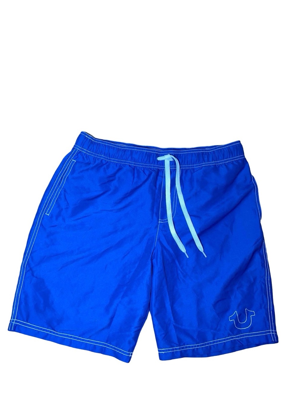 NWT True Religion Men's 9" Swim Trunks Pacific Blue Horseshoe Logo Board Shorts